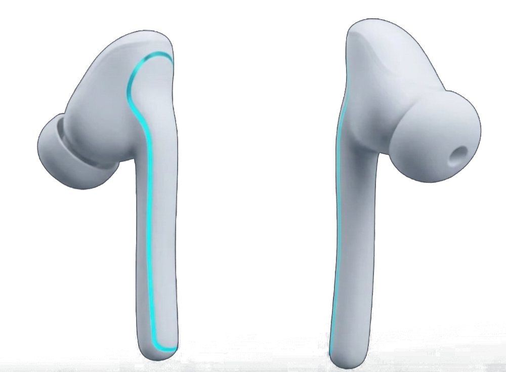 Static Core earbuds in matte white with an aqua light line
